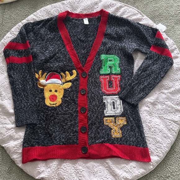 Christmas Ugly Sweater Festive Reindeer Rudy Sequin Cardigan S/M - Picture 1 of 8